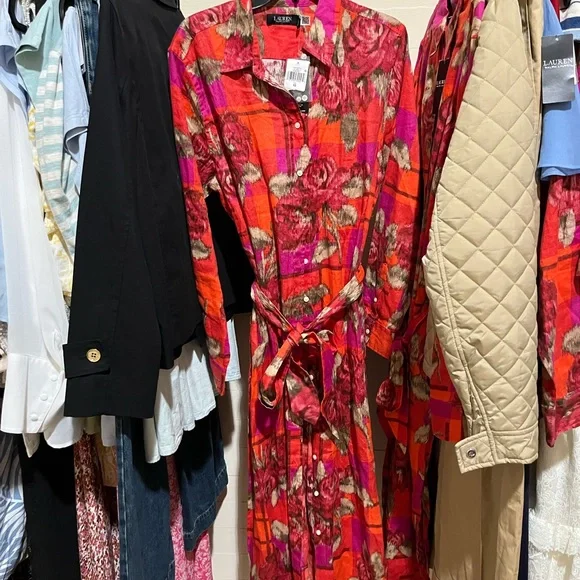 Ralph Lauren Pink Floral Belted Long-Sleeve Shirt Dress - Picture 2 of 3